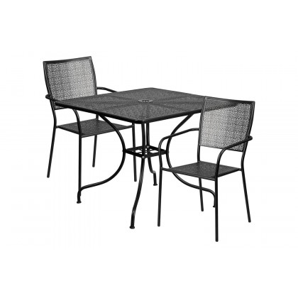 BLNK Oia Commercial Square Steel Indoor-Outdoor Patio Table Set with 2 Square Back Chairs - Black, 35.5"W