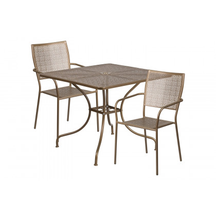 BLNK Oia Commercial Square Steel Indoor-Outdoor Patio Table Set with 2 Square Back Chairs - Gold, 35.5"W