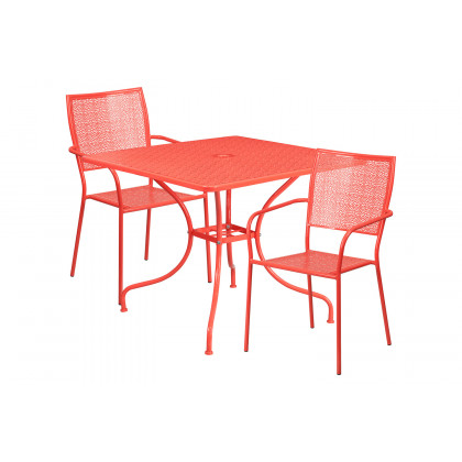 BLNK Oia Commercial Square Steel Indoor-Outdoor Patio Table Set with 2 Square Back Chairs - Coral, 35.5"W