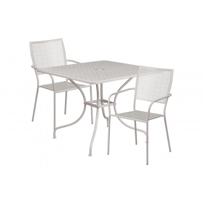 BLNK Oia Commercial Square Steel Indoor-Outdoor Patio Table Set with 2 Square Back Chairs - Light Gray, 35.5"W