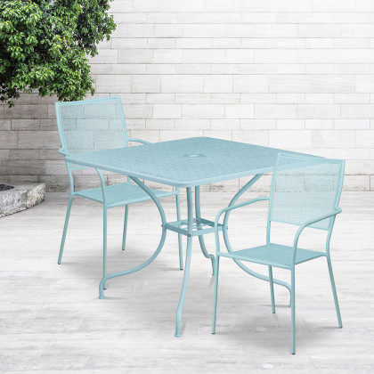 BLNK - Oia Commercial Square Steel Indoor-Outdoor Patio Table Set with 2 Square Back Chairs