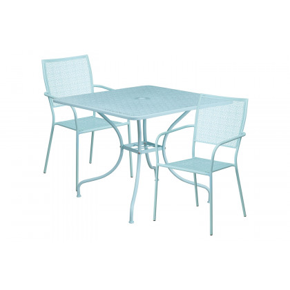 BLNK Oia Commercial Square Steel Indoor-Outdoor Patio Table Set with 2 Square Back Chairs - Sky Blue, 35.5"W