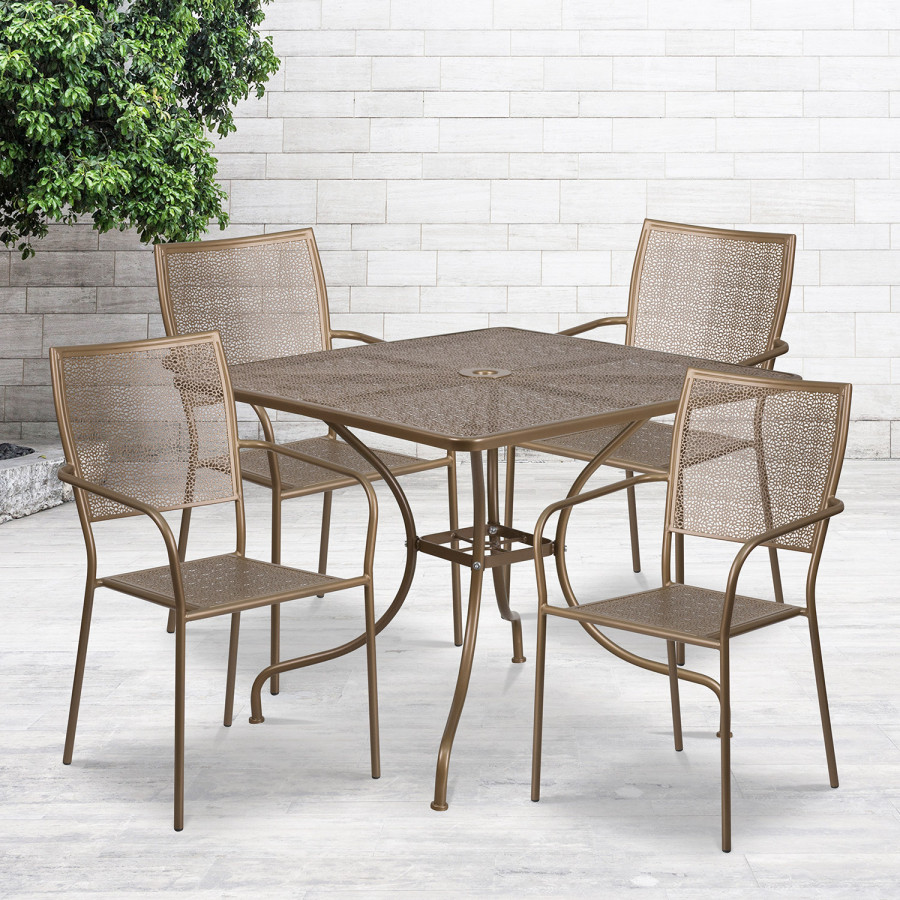BLNK Oia Commercial Square Steel Indoor-Outdoor Patio Table Set with 4 Square Back Chairs - Gold, 35.5"W