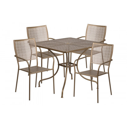 BLNK Oia Commercial Square Steel Indoor-Outdoor Patio Table Set with 4 Square Back Chairs - Gold, 35.5"W