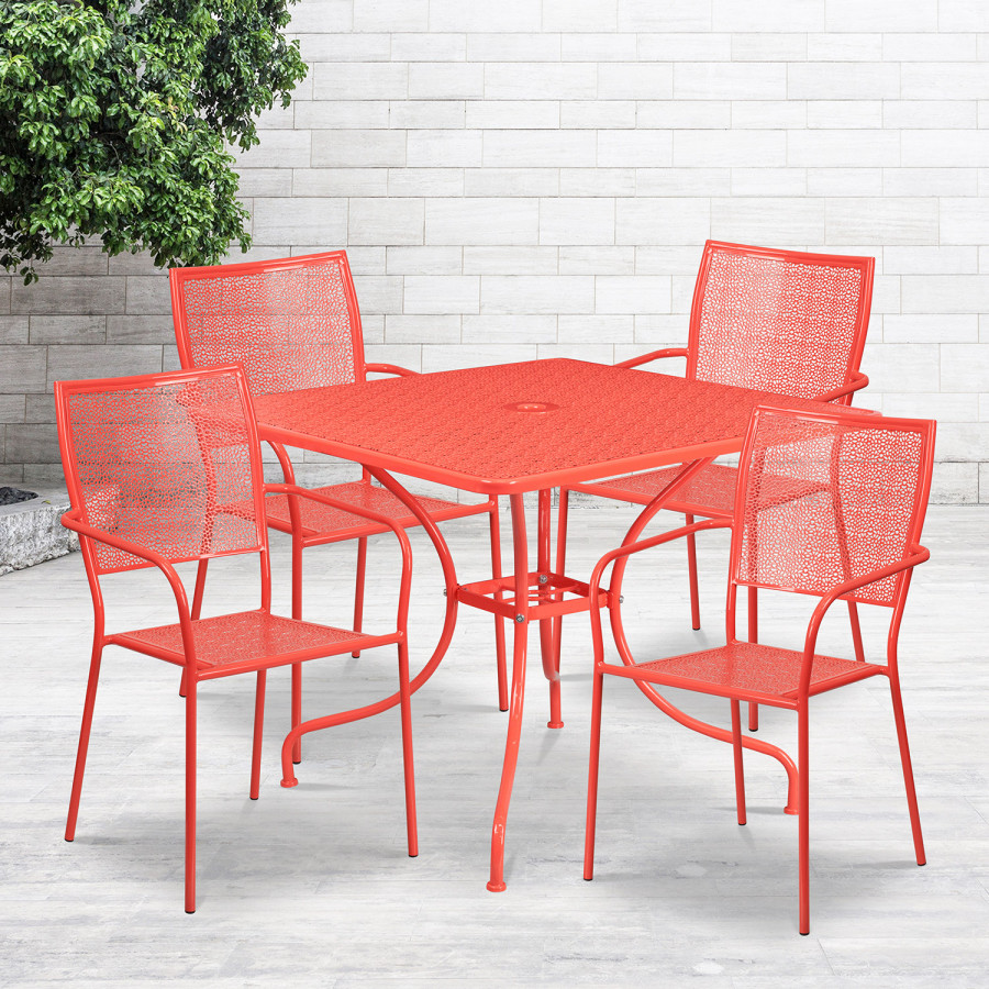 BLNK Oia Commercial Square Steel Indoor-Outdoor Patio Table Set with 4 Square Back Chairs - Coral, 35.5"W