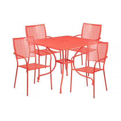 BLNK Oia Commercial Square Steel Indoor-Outdoor Patio Table Set with 4 Square Back Chairs - Coral, 35.5"W