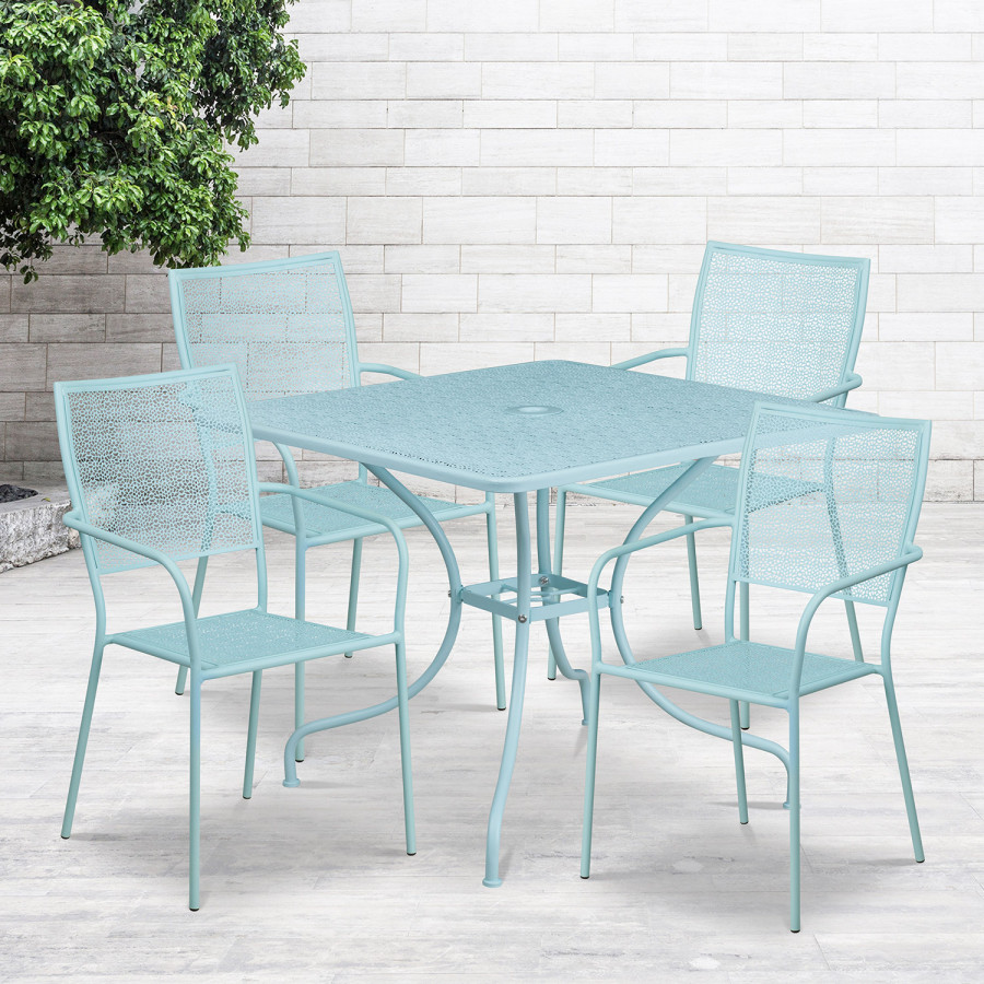 BLNK Oia Commercial Square Steel Indoor-Outdoor Patio Table Set with 4 Square Back Chairs - Sky Blue, 35.5"W
