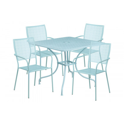 BLNK Oia Commercial Square Steel Indoor-Outdoor Patio Table Set with 4 Square Back Chairs - Sky Blue, 35.5"W
