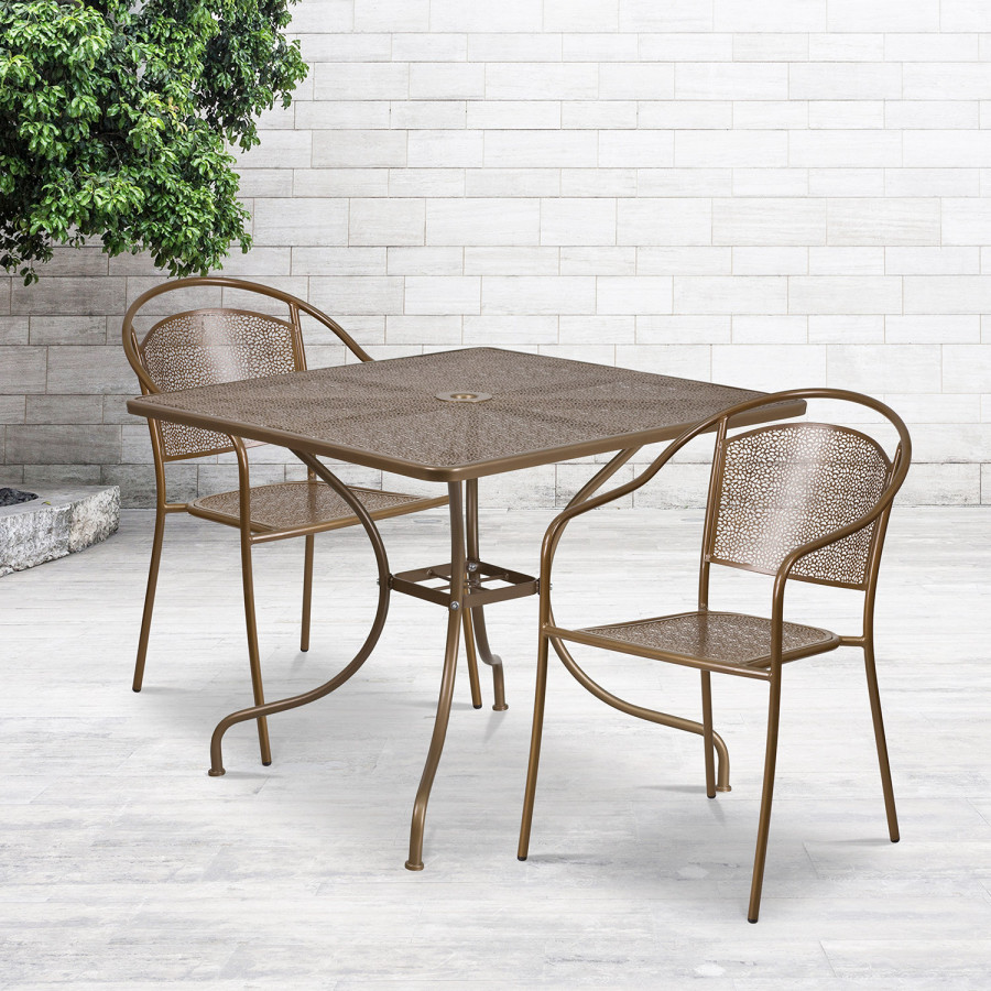 BLNK Oia Commercial Steel Indoor-Outdoor Patio Table Set with 2 Round Back Chairs - Gold, 35.5"W