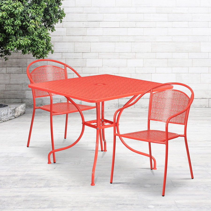 BLNK Oia Commercial Steel Indoor-Outdoor Patio Table Set with 2 Round Back Chairs - Coral, 35.5"W