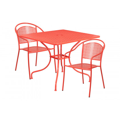BLNK Oia Commercial Steel Indoor-Outdoor Patio Table Set with 2 Round Back Chairs - Coral, 35.5"W