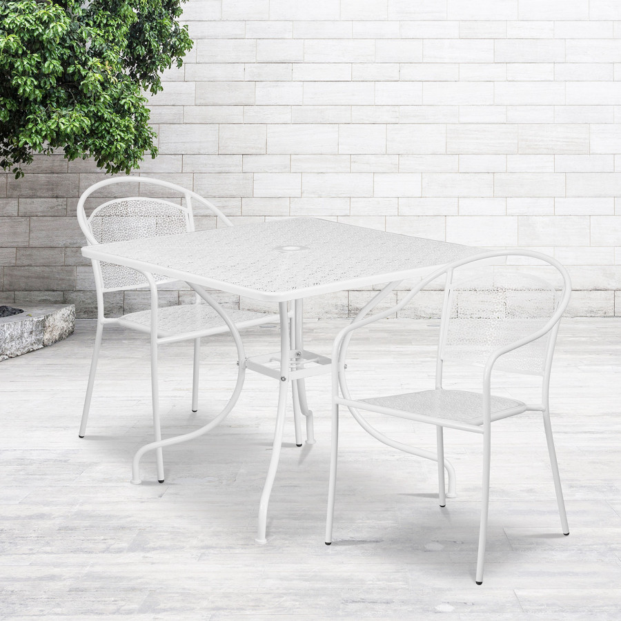 BLNK Oia Commercial Steel Indoor-Outdoor Patio Table Set with 2 Round Back Chairs - White, 35.5"W