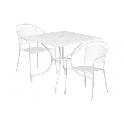 BLNK Oia Commercial Steel Indoor-Outdoor Patio Table Set with 2 Round Back Chairs - White, 35.5"W