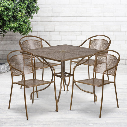 BLNK - Oia Commercial Steel Indoor-Outdoor Patio Table Set with 4 Round Back Chairs