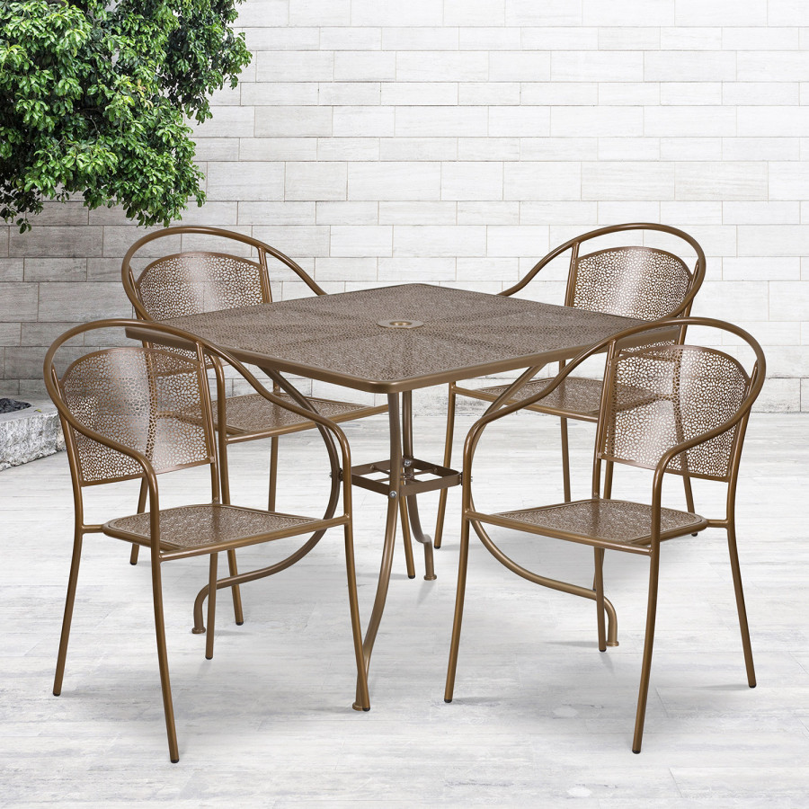 BLNK Oia Commercial Steel Indoor-Outdoor Patio Table Set with 4 Round Back Chairs - Gold, 35.5"W