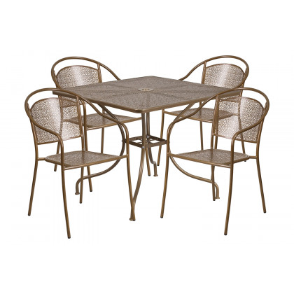 BLNK Oia Commercial Steel Indoor-Outdoor Patio Table Set with 4 Round Back Chairs - Gold, 35.5"W