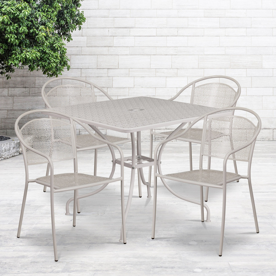 BLNK Oia Commercial Steel Indoor-Outdoor Patio Table Set with 4 Round Back Chairs - Light Gray, 35.5"W