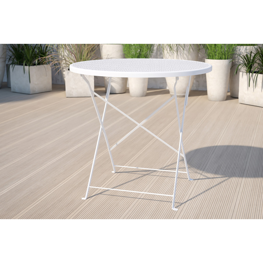 BLNK Oia Commercial Round Steel Indoor-Outdoor Folding Patio Table - White, 30"D