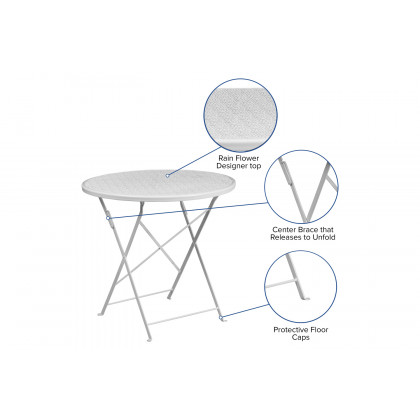 BLNK Oia Commercial Round Steel Indoor-Outdoor Folding Patio Table - White, 30"D