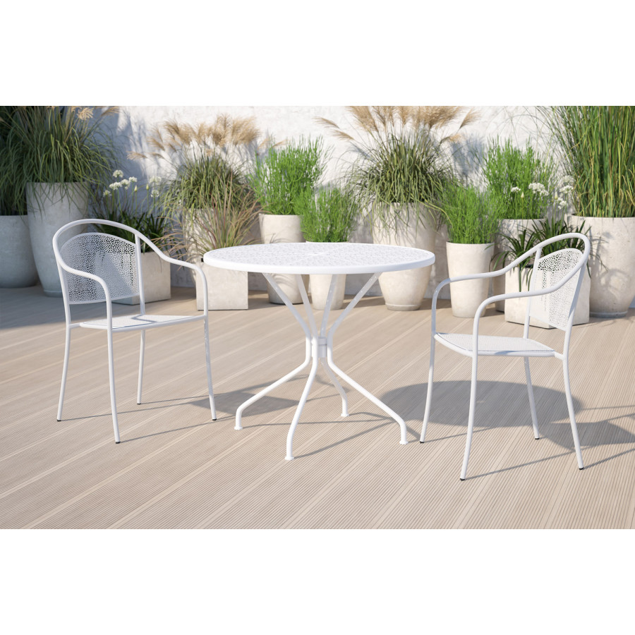 BLNK Oia Commercial Round Steel Indoor-Outdoor Patio Table with Umbrella Hole - White