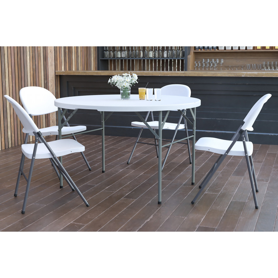 BLNK - Freeman Round Bi-Fold Granite White Plastic Banquet and Event Folding Table with Carrying Handle