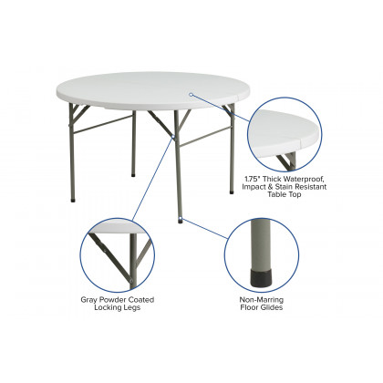 BLNK - Freeman Round Bi-Fold Granite White Plastic Banquet and Event Folding Table with Carrying Handle