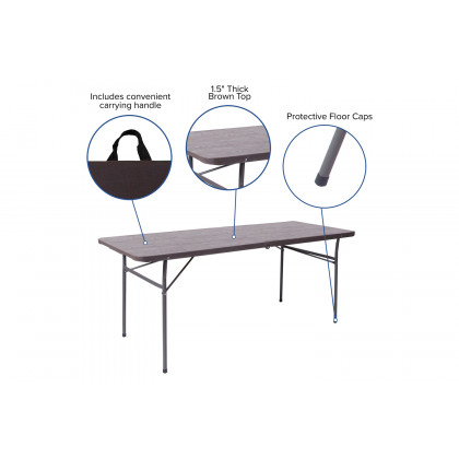 BLNK Elijah Plastic Folding Table with Carrying Handle - Brown Wood Grain