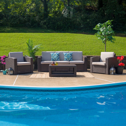 BLNK Seneca Outdoor Faux Rattan Chair, Sofa and Table Set 4 Piece - Chocolate Brown