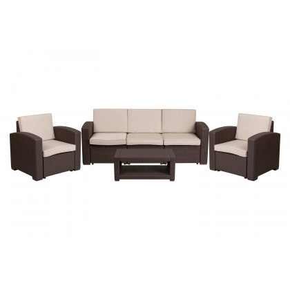 BLNK Seneca Outdoor Faux Rattan Chair, Sofa and Table Set 4 Piece - Chocolate Brown