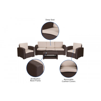 BLNK Seneca Outdoor Faux Rattan Chair, Sofa and Table Set 4 Piece - Chocolate Brown