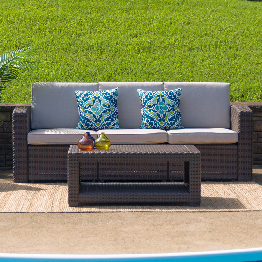 BLNK - Seneca Faux Rattan Sofa with All-Weather Beige Cushions
