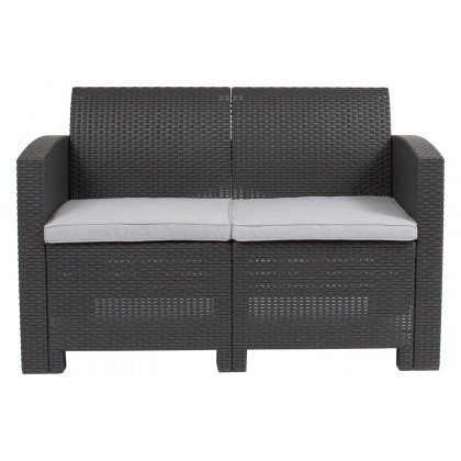 BLNK Seneca Faux Rattan Loveseat with All-Weather Light Gray Cushions - Dark Gray
