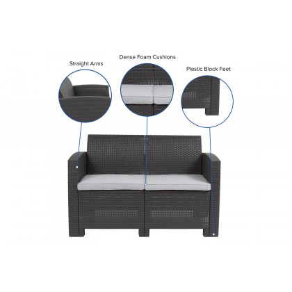 BLNK Seneca Faux Rattan Loveseat with All-Weather Light Gray Cushions - Dark Gray