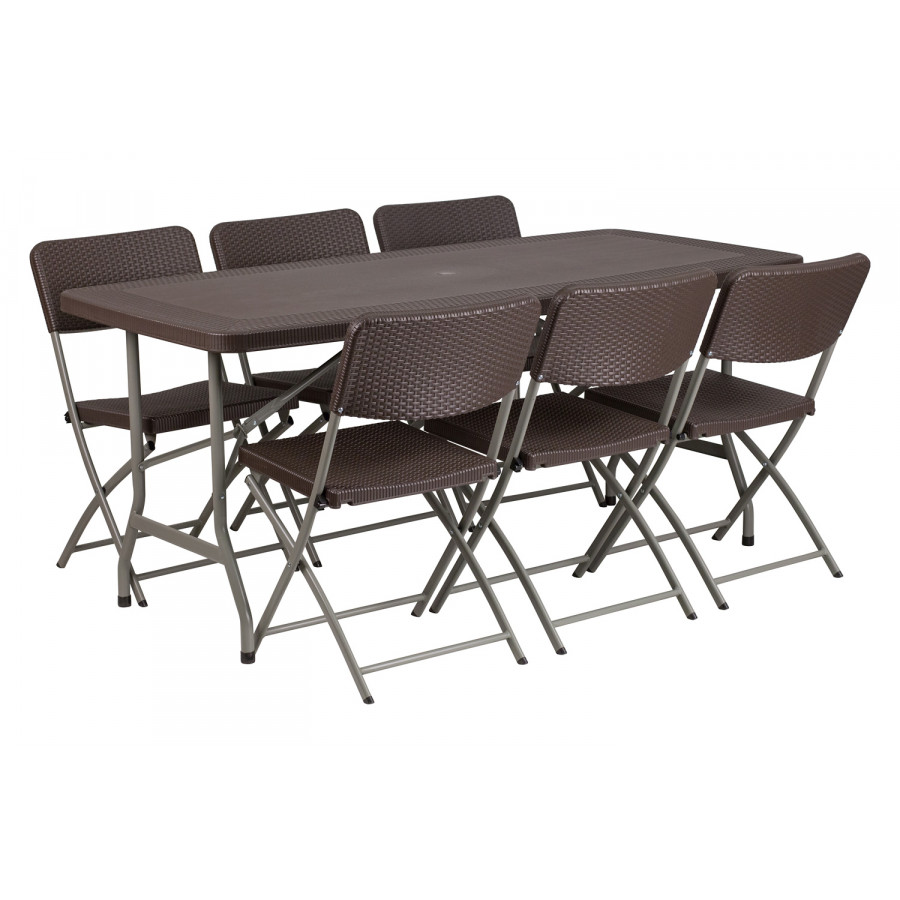 BLNK - Hensley Indoor-Outdoor Brown Rattan Plastic Folding Table Set with 6 Chairs