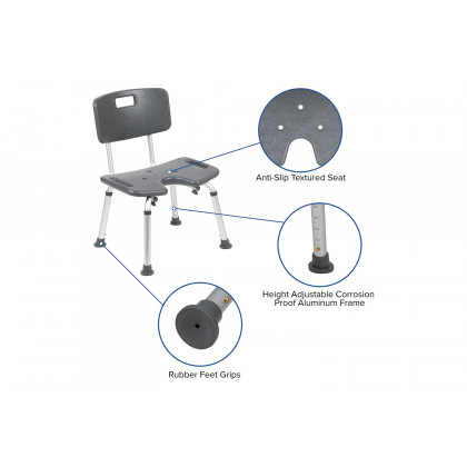 BLNK HERCULES Series Medical Adjustable Bath and Shower Chair with U-Shaped Cutout - Gray