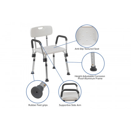 BLNK HERCULES Series Medical Adjustable Bath and Shower Chair with Quick Release Back and Arms - White