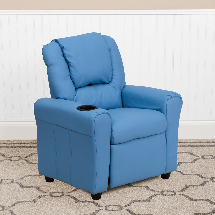BLNK Vana Vinyl Contemporary Kids Recliner with Cup Holder and Headrest - Light Blue