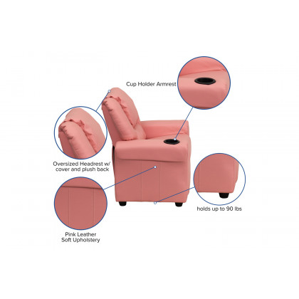 BLNK Vana Vinyl Contemporary Kids Recliner with Cup Holder and Headrest - Pink
