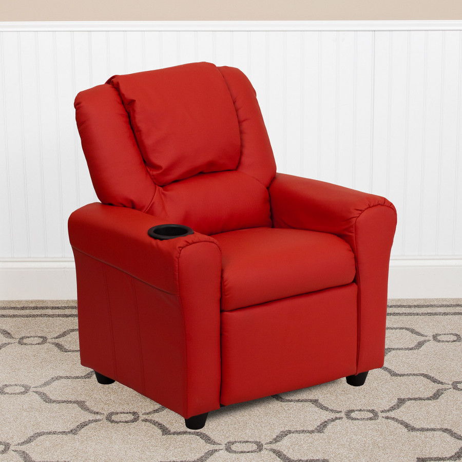 BLNK Vana Vinyl Contemporary Kids Recliner with Cup Holder and Headrest - Red