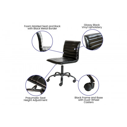 BLNK Alan Low-Back Designer Armless Ribbed Swivel Task Office Chair with Black Frame and Base - Black