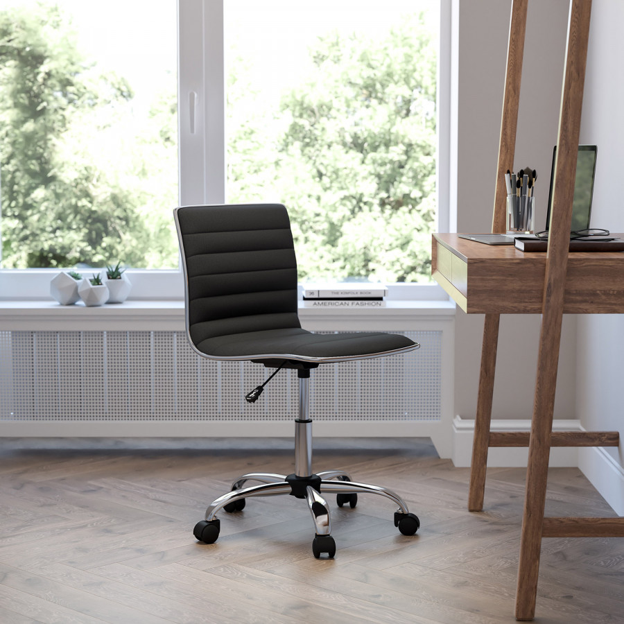 BLNK Alan Low-Back Designer Armless Ribbed Swivel Task Office Chair with Chrome Frame and Base - Black