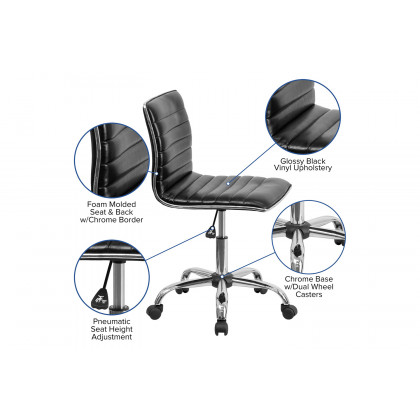 BLNK Alan Low-Back Designer Armless Ribbed Swivel Task Office Chair with Chrome Frame and Base - Black