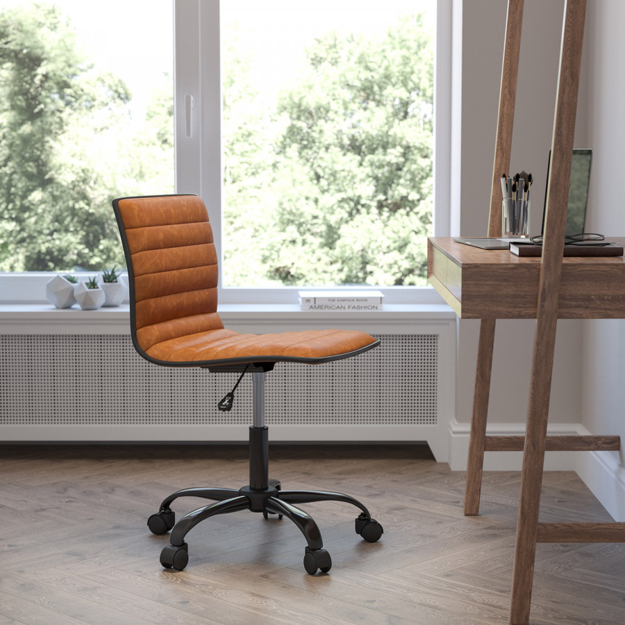 BLNK Alan Low-Back Designer Armless Ribbed Swivel Task Office Chair with Black Frame and Base - Brown