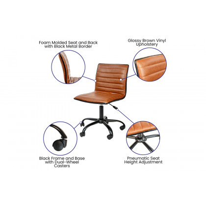 BLNK Alan Low-Back Designer Armless Ribbed Swivel Task Office Chair with Black Frame and Base - Brown