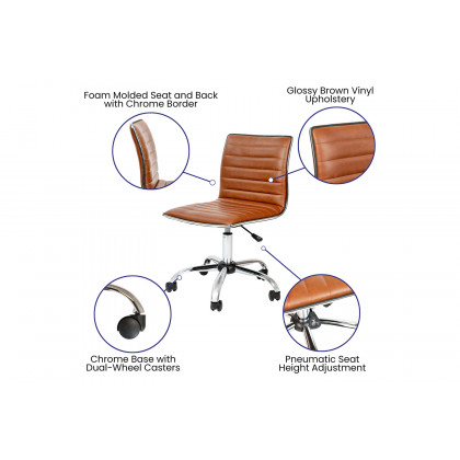 BLNK Alan Low-Back Designer Armless Ribbed Swivel Task Office Chair with Chrome Frame and Base - Brown