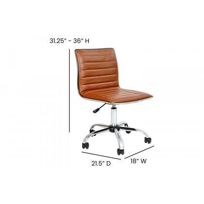 BLNK Alan Low-Back Designer Armless Ribbed Swivel Task Office Chair with Chrome Frame and Base - Brown