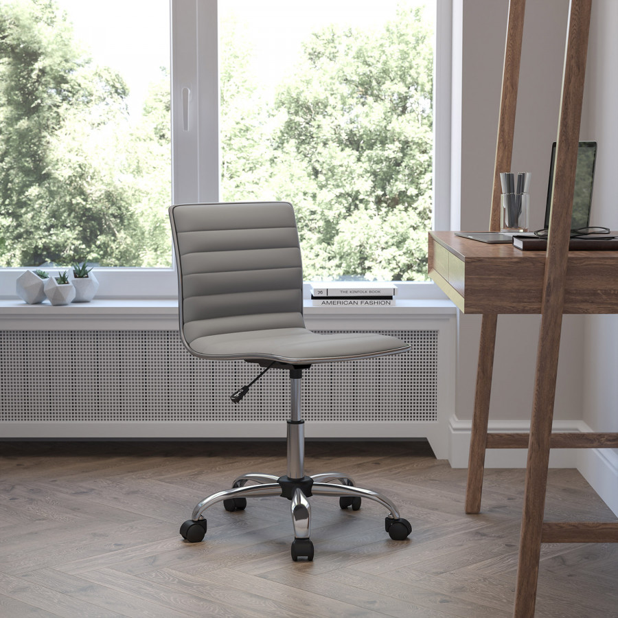 BLNK Alan Low-Back Designer Armless Ribbed Swivel Task Office Chair with Chrome Frame and Base - Light Gray