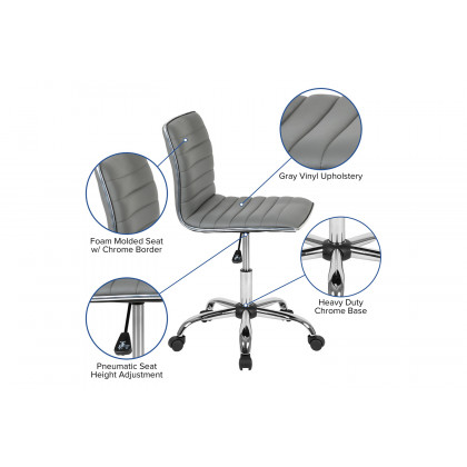 BLNK Alan Low-Back Designer Armless Ribbed Swivel Task Office Chair with Chrome Frame and Base - Light Gray