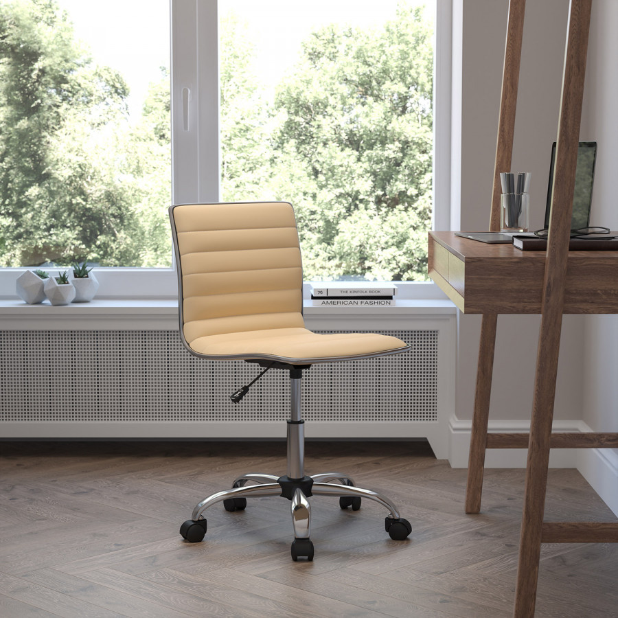 BLNK Alan Low-Back Designer Armless Ribbed Swivel Task Office Chair with Chrome Frame and Base - Tan