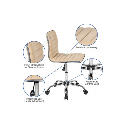 BLNK Alan Low-Back Designer Armless Ribbed Swivel Task Office Chair with Chrome Frame and Base - Tan